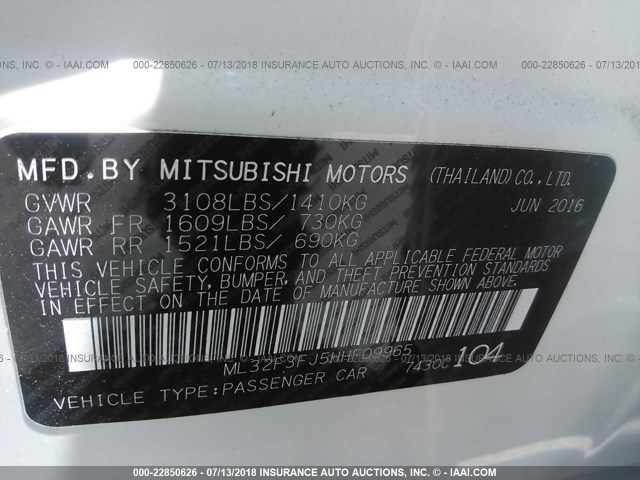 ML32F3FJ5HHF09965 - 2017 MITSUBISHI MIRAGE G4 ES თეთრი ფოტო 9