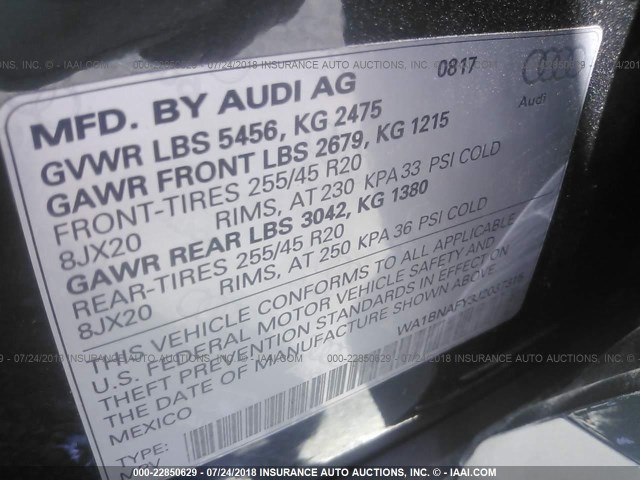 WA1BNAFY3J2037315 - 2018 AUDI Q5 PREMIUM PLUS GRAY photo 9