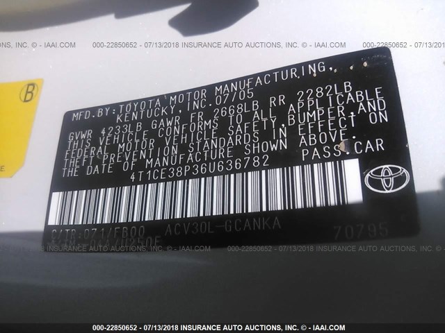 4T1CE38P36U636782 - 2006 TOYOTA CAMRY SOLARA SE/SLE თეთრი ფოტო 9