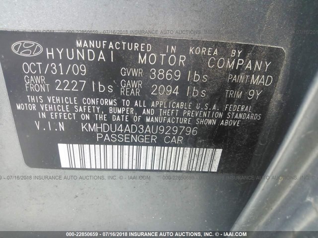 KMHDU4AD3AU929796 - 2010 HYUNDAI ELANTRA BLUE/GLS/SE GRAY photo 9