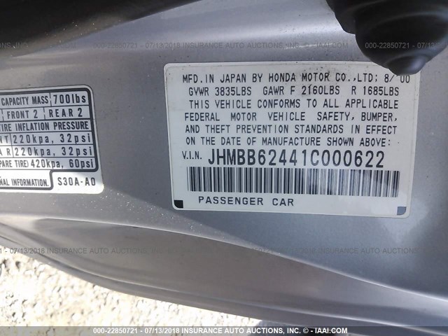 JHMBB62441C000622 - 2001 HONDA PRELUDE SILVER photo 9