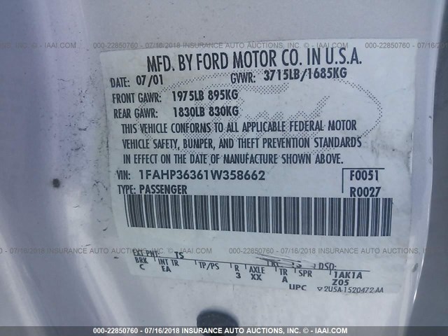 1FAHP36361W358662 - 2001 FORD FOCUS SE/SE COMFORT SILVER photo 9