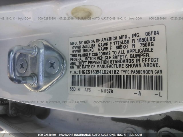 1HGES16354L024162 - 2004 HONDA CIVIC DX VP Ağ foto 9