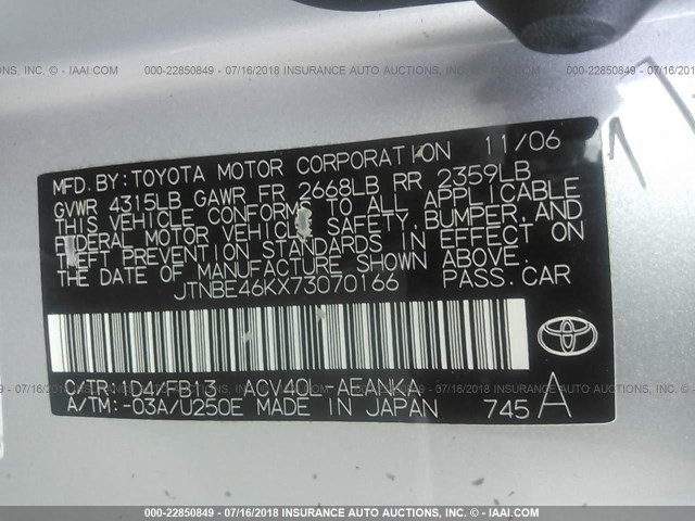 JTNBE46KX73070166 - 2007 TOYOTA CAMRY NEW GENERAT CE/LE/XLE/SE SILVER photo 9