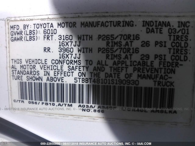 5TBBT48101S190930 - 2001 TOYOTA TUNDRA ACCESS CAB LIMITED WHITE photo 9