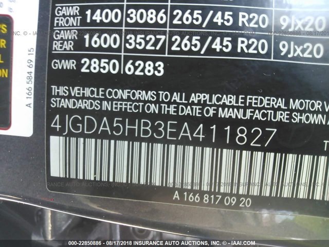 4JGDA5HB3EA411827 - 2014 MERCEDES-BENZ ML 350 4MATIC GRAY photo 9