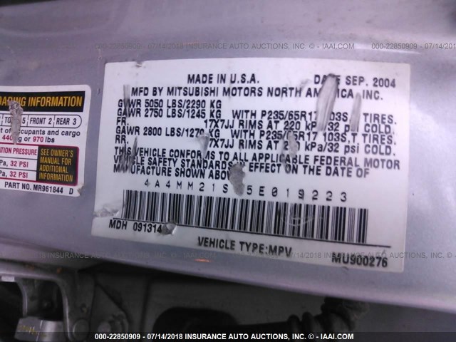 4A4MM21S85E019223 - 2005 MITSUBISHI ENDEAVOR LS SILVER photo 9