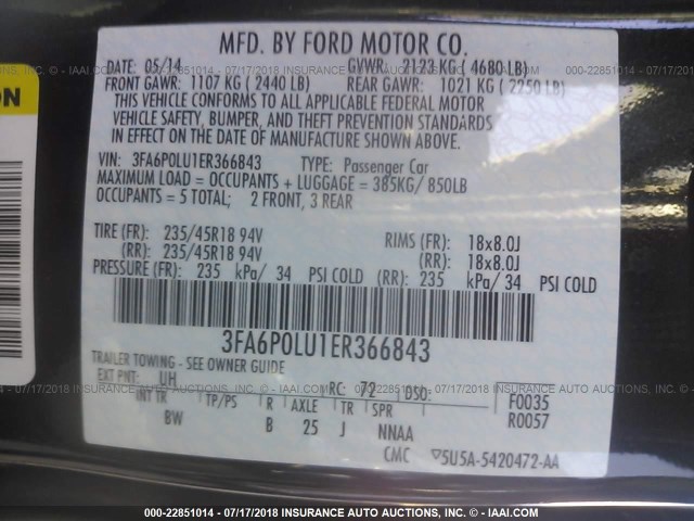 3FA6P0LU1ER366843 - 2014 FORD FUSION SE HYBRID BLACK photo 9