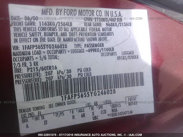 1FAFP56S5YG246028 - 2000 FORD TAURUS SEL RED photo 9