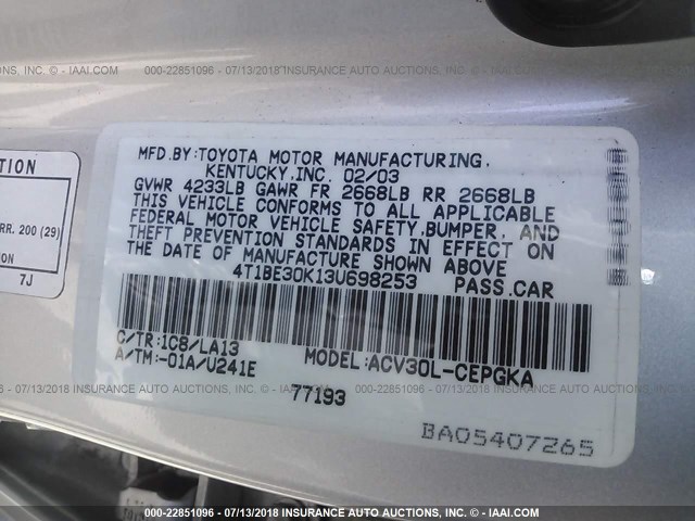 4T1BE30K13U698253 - 2003 TOYOTA CAMRY LE/XLE/SE 银色 照片 9