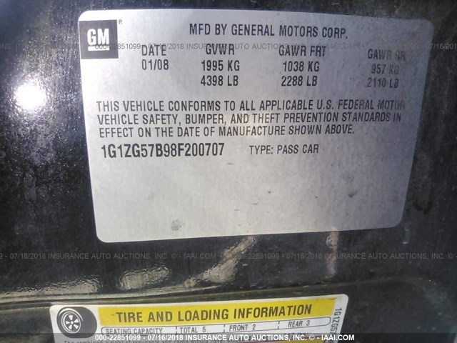 1G1ZG57B98F200707 - 2008 CHEVROLET MALIBU LS შავი ფოტო 9