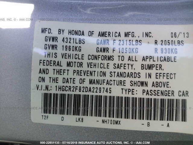 1HGCR2F82DA229745 - 2013 HONDA ACCORD EXL GRAY photo 9