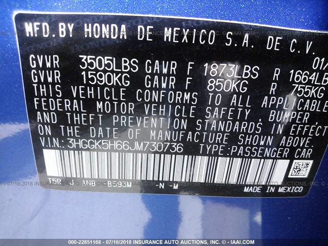 3HGGK5H66JM730736 - 2018 HONDA FIT SPORT BLUE photo 9