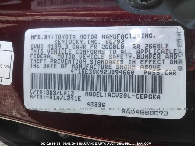 4T1BE30K92U094660 - 2002 TOYOTA CAMRY LE/XLE/SE 栗色 照片 9