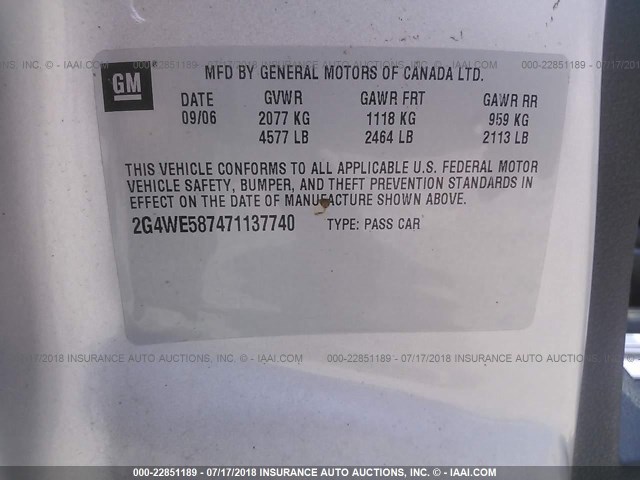 2G4WE587471137740 - 2007 BUICK LACROSSE CXS SILVER photo 9