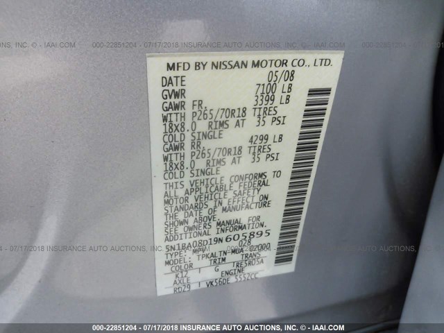 5N1BA08D19N605895 - 2009 NISSAN ARMADA SE/LE SILVER photo 9