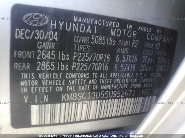 KM8SC13D55U952671 - 2005 HYUNDAI SANTA FE GLS/LX SILVER photo 9