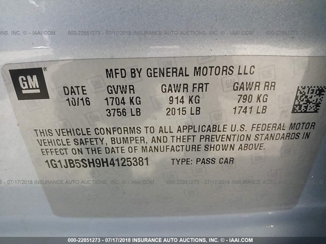 1G1JB5SH9H4125381 - 2017 CHEVROLET SONIC LS 银色 照片 9