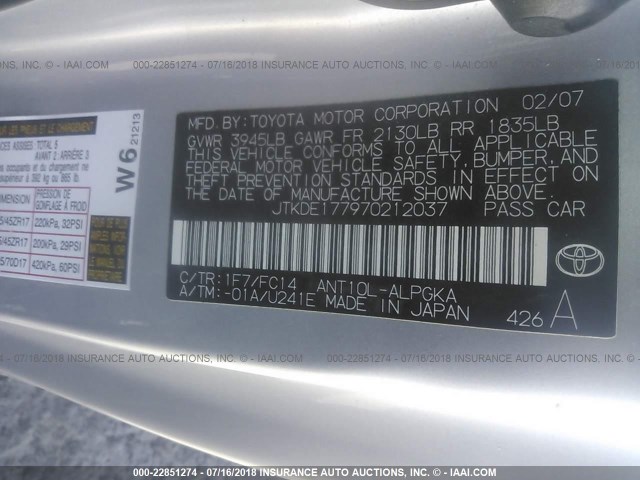 JTKDE177970212037 - 2007 TOYOTA SCION TC 银色 照片 9