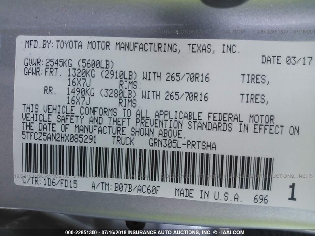 5TFCZ5AN2HX085291 - 2017 TOYOTA TACOMA DBL CAB/SR/TRDSPT/OR/PRO ვერცხლისფერი ფოტო 9