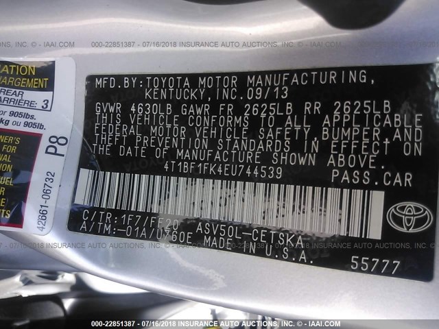 4T1BF1FK4EU744539 - 2014 TOYOTA CAMRY L/SE/LE/XLE 银色 照片 9
