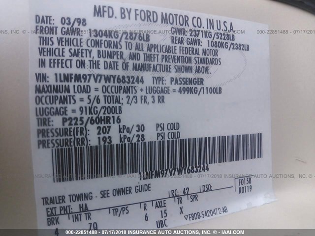 1LNFM97V7WY683244 - 1998 LINCOLN CONTINENTAL  白色 照片 9