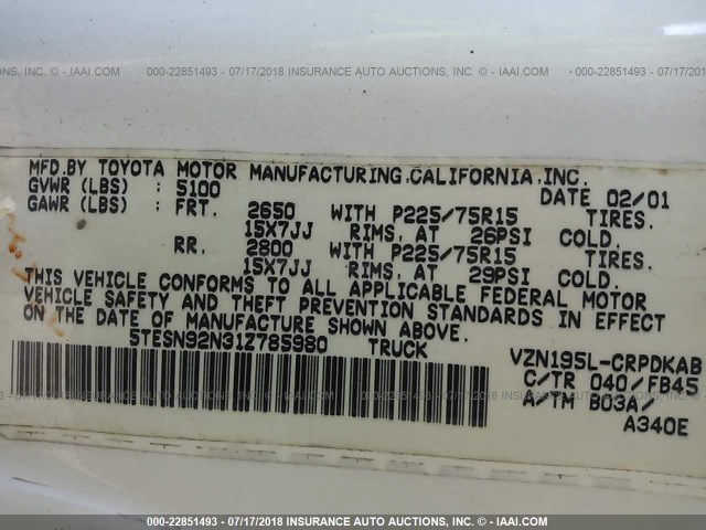 5TESN92N31Z785980 - 2001 TOYOTA TACOMA XTRACAB PRERUNNER 白色 照片 9