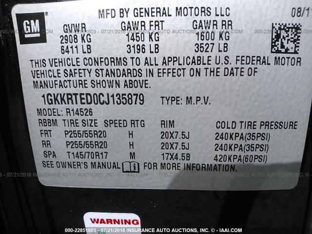 1GKKRTED0CJ135879 - 2012 GMC ACADIA DENALI BLACK photo 9