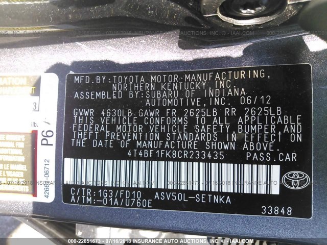 4T4BF1FK8CR233435 - 2012 TOYOTA CAMRY SE/LE/XLE 灰色 照片 9