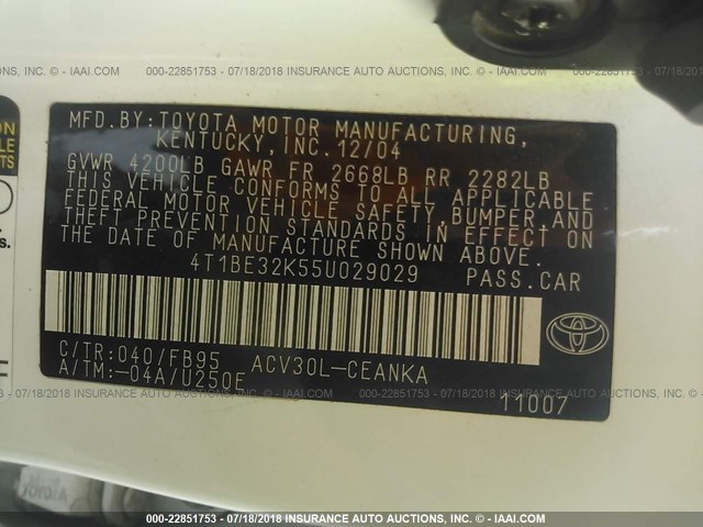 4T1BE32K55U029029 - 2005 TOYOTA CAMRY LE/XLE/SE 白色 照片 9