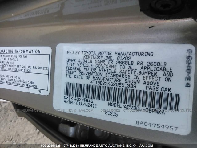 4T1BE32K62U551339 - 2002 TOYOTA CAMRY LE/XLE/SE 灰色 照片 9
