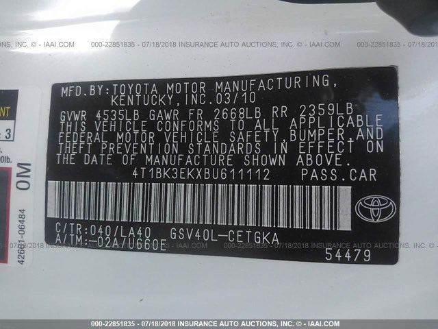 4T1BK3EKXBU611112 - 2011 TOYOTA CAMRY SE/LE/XLE თეთრი ფოტო 9