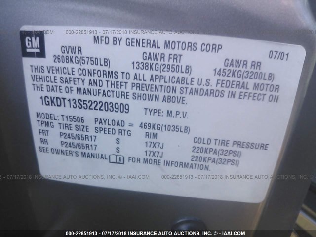 1GKDT13S522203909 - 2002 GMC ENVOY SILVER photo 9