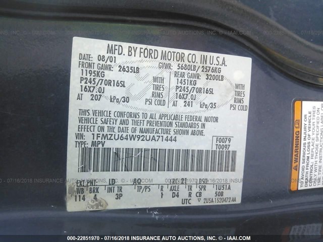 1FMZU64W92UA71444 - 2002 FORD EXPLORER EDDIE BAUER BLUE photo 9