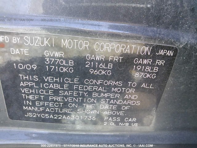 JS2YC5A22A6301736 - 2010 SUZUKI SX4 LE GRAY photo 9