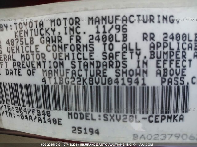 4T1BG22K8VU041941 - 1997 TOYOTA CAMRY CE/LE/XLE 红色 照片 9