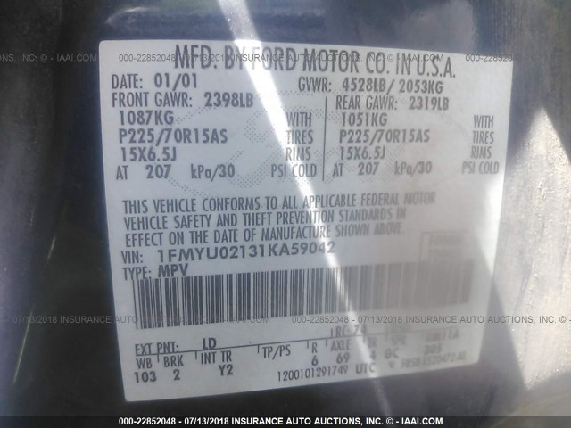 1FMYU02131KA59042 - 2001 FORD ESCAPE XLS BLUE photo 9