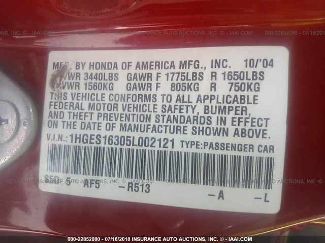 1HGES16305L002121 - 2005 HONDA CIVIC DX VP Qırmızı foto 9