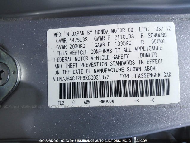 JH4CU2F6XCC031072 - 2012 ACURA TSX TECH SILVER photo 9