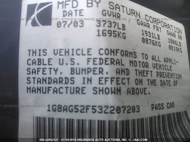 1G8AG52F53Z207203 - 2003 SATURN ION LEVEL 1 WHITE photo 9