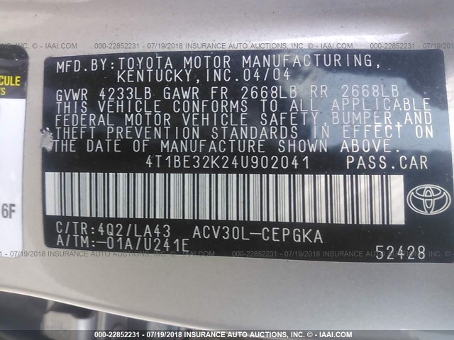 4T1BE32K24U902041 - 2004 TOYOTA CAMRY LE/XLE/SE 金色 照片 9