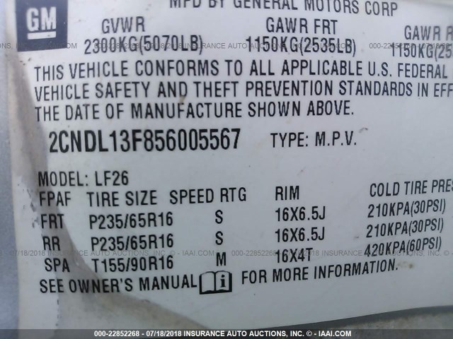 2CNDL13F856005567 - 2005 CHEVROLET EQUINOX LS SILVER photo 9