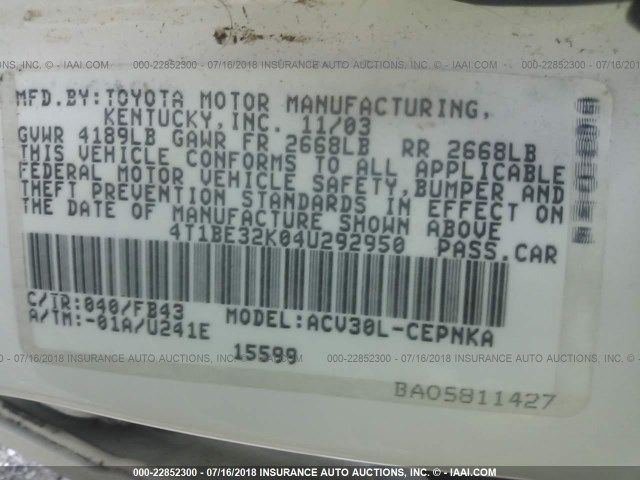 4T1BE32K04U292950 - 2004 TOYOTA CAMRY LE/XLE/SE თეთრი ფოტო 9