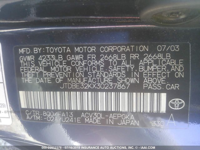 JTDBE32KX30237867 - 2003 TOYOTA CAMRY LE/XLE Dark Blue photo 9