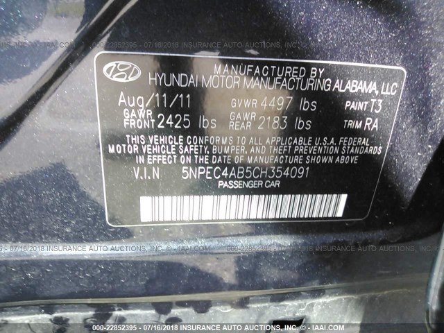 5NPEC4AB5CH354091 - 2012 HYUNDAI SONATA SE/LIMITED BLUE photo 9