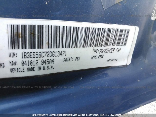 1B3ES56C72D613471 - 2002 DODGE NEON ES BLUE photo 9