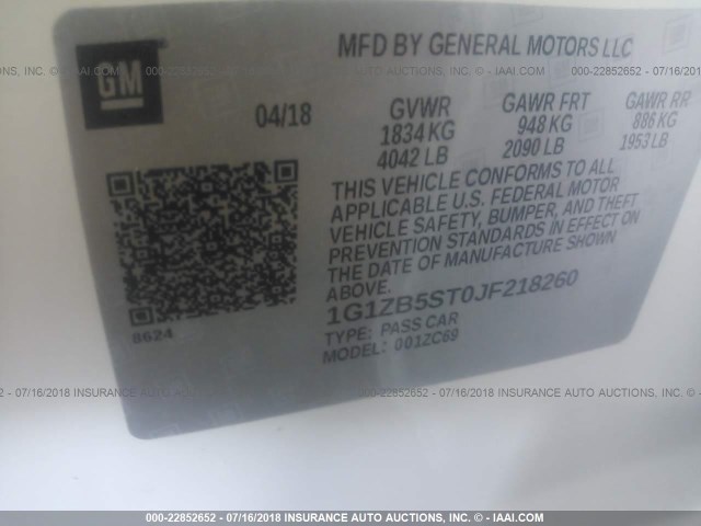 1G1ZB5ST0JF218260 - 2018 CHEVROLET MALIBU LS Ağ foto 9