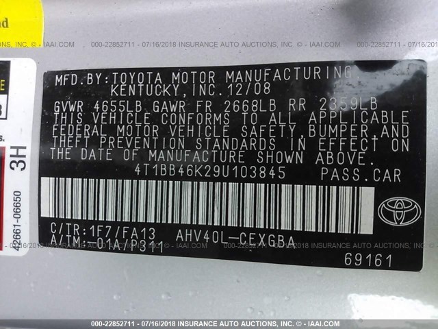 4T1BB46K29U103845 - 2009 TOYOTA CAMRY HYBRID SILVER photo 9