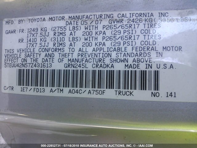 5TEUU42N57Z431613 - 2007 TOYOTA TACOMA ACCESS CAB Silber Foto 9