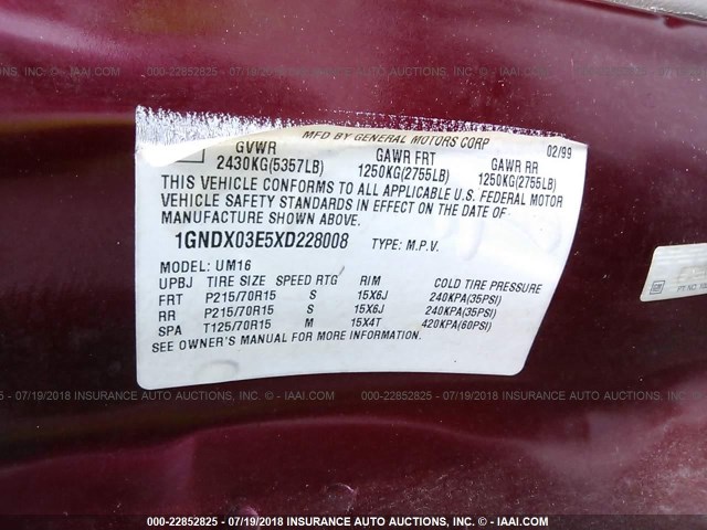 1GNDX03E5XD228008 - 1999 CHEVROLET VENTURE RED photo 9